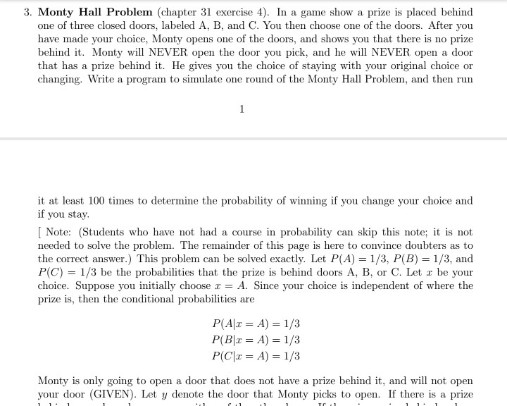 Solved 3. Monty Hall Problem (chapter 31 exercise 4). In a | Chegg.com