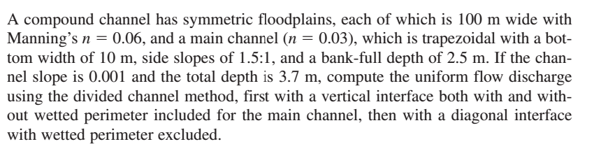 Solved A compound channel has symmetric floodplains, each of | Chegg.com