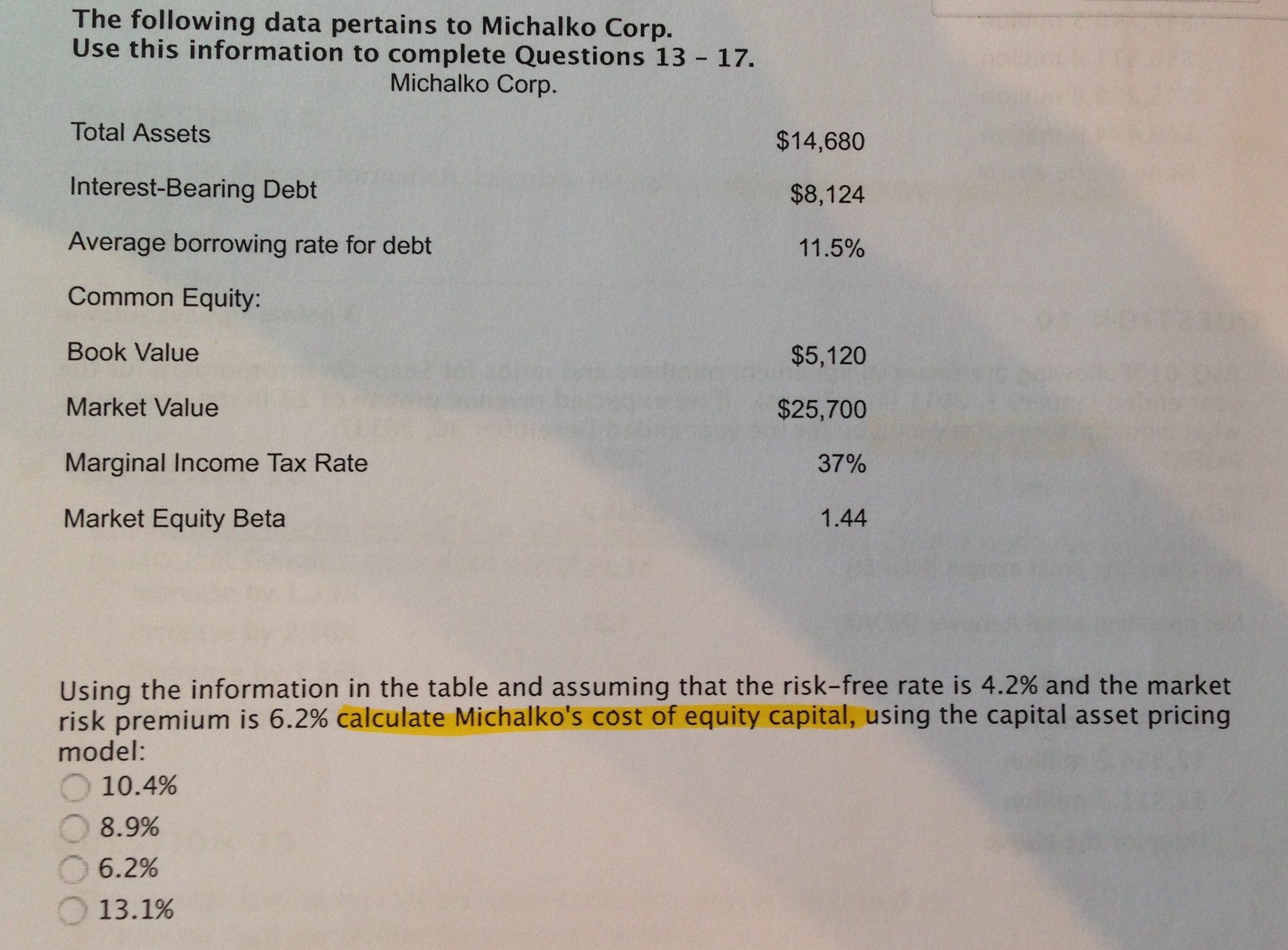 Solved Total Assets 14,680 InterestBearing Debt 8,124