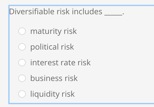 Solved Diversifiable risk includes maturity risk political | Chegg.com