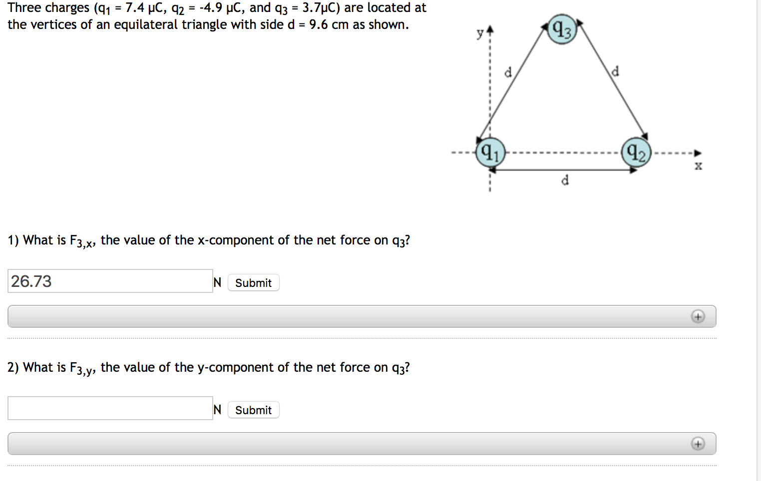 Solved Three charges (q1 = 7.4 ?C, q2 = -4.9 ?C, and q3 = | Chegg.com