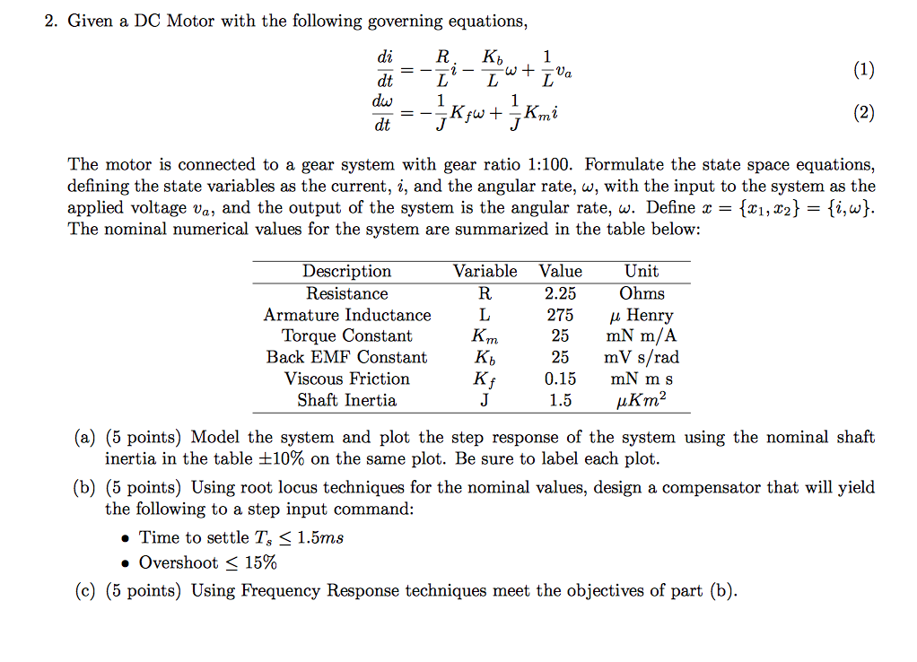 Solved 2. Given a DC Motor with the following governing | Chegg.com