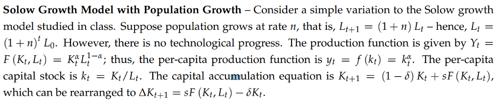 Solved Solow Growth Model with Population Growth - Consider | Chegg.com