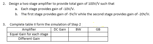 Solved 2. Design a two stage amplifier to provide total gain | Chegg.com