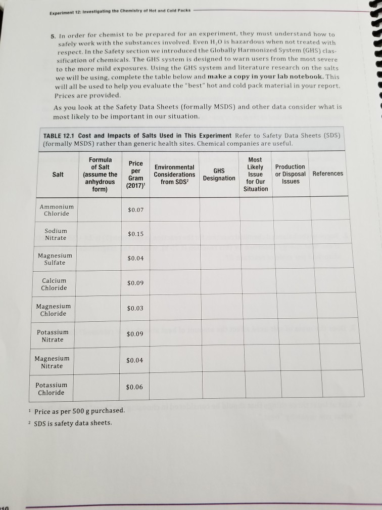 Solved e Chemistry of Hot and Cold Packs Experiment 12