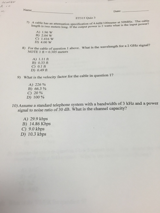 Solved A cable has an attenuation specification of 4.6dB/100