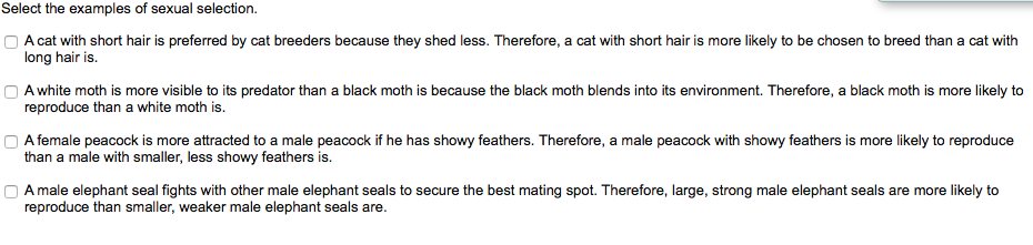 Solved Select the examples of sexual selection. O A cat with | Chegg.com