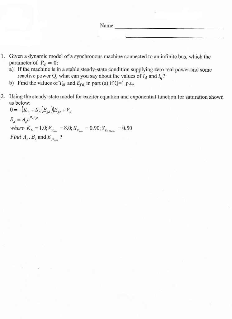 Solved Given a dynamic model of a synchronous machine | Chegg.com