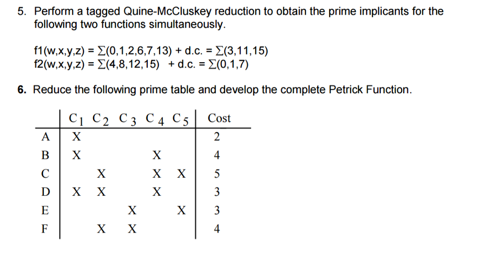 Solved Perform a tagged Quine-McCluskey reduction to obtain | Chegg.com