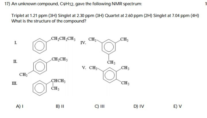 Solved 17) An unknown compound, C9H12, gave the following | Chegg.com