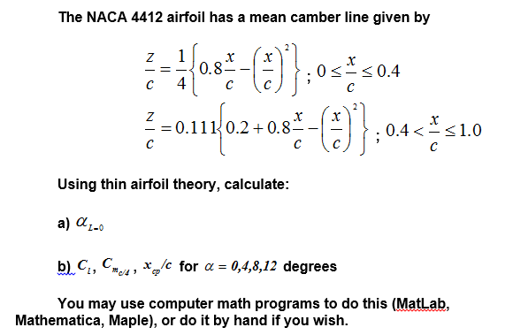 the naca 4412 airfoil has a mean camber line given by