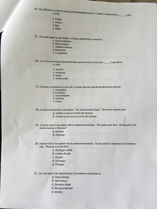 Solved The MR test is a test for mixed acid fermentation and