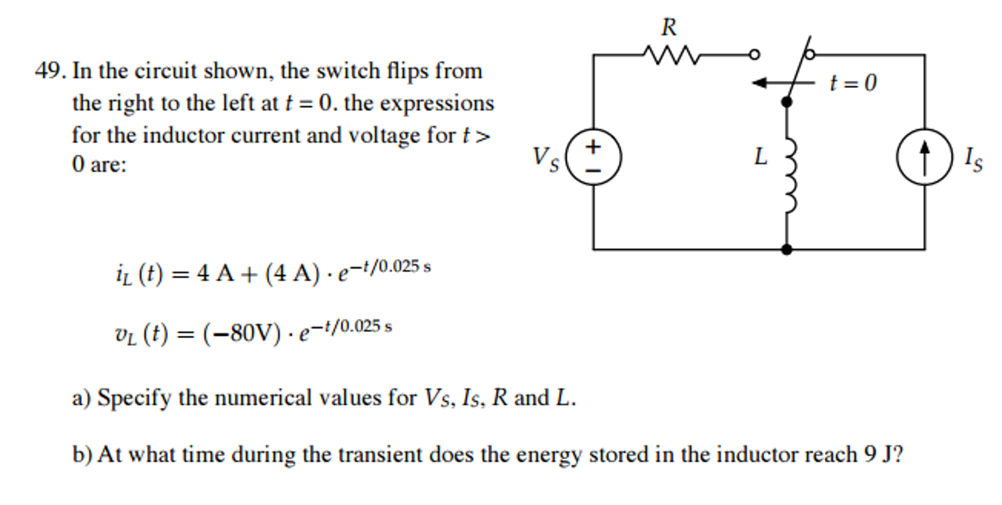 Solved 49. In the circuit shown, the switch flips from the | Chegg.com