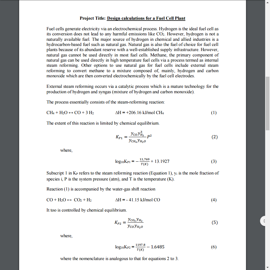Project Title Design calculations for a Fuel Cell