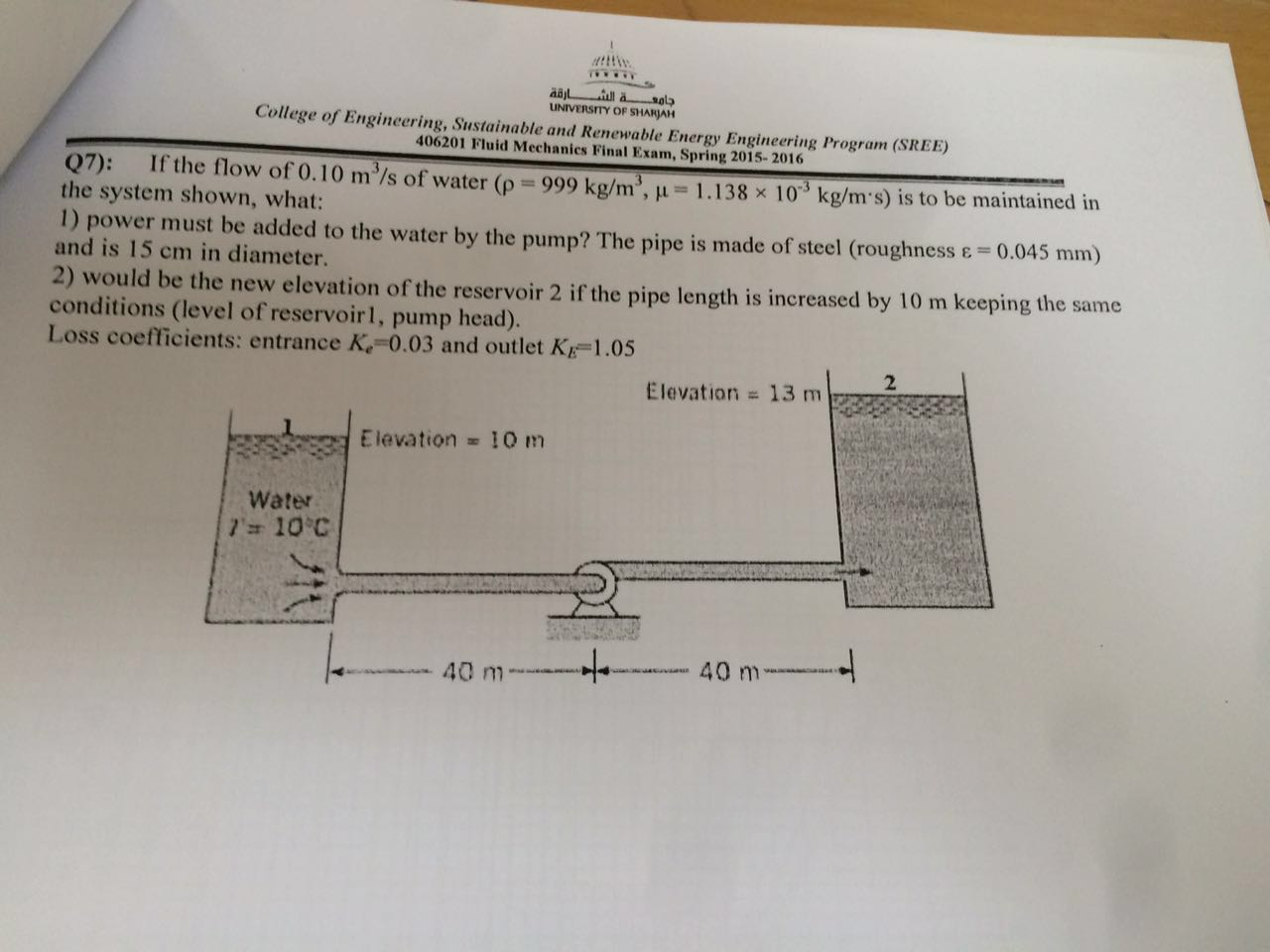 Solved If The Flow Of 0.10 M^3 S Of Water (rho = 999 Kg M^3, 