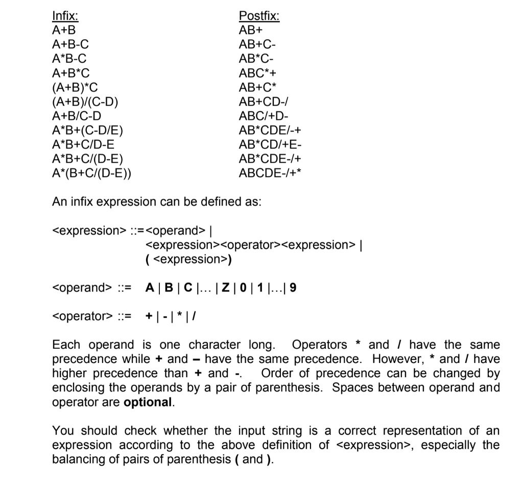 Solved Infix A+B A+B-C A*B-C A+B*C (A+B)*C Postfix: AB+ AB+C | Chegg.com