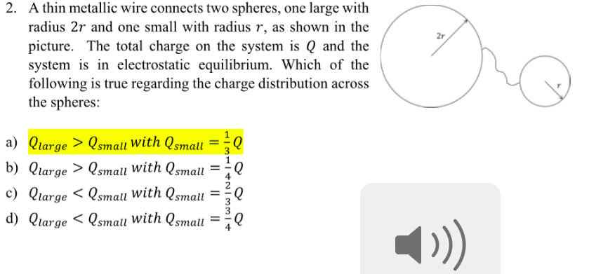 Two Metal Spheres One Of Radius R Solved Why is the answer a ? Can someone explain it | Chegg.com