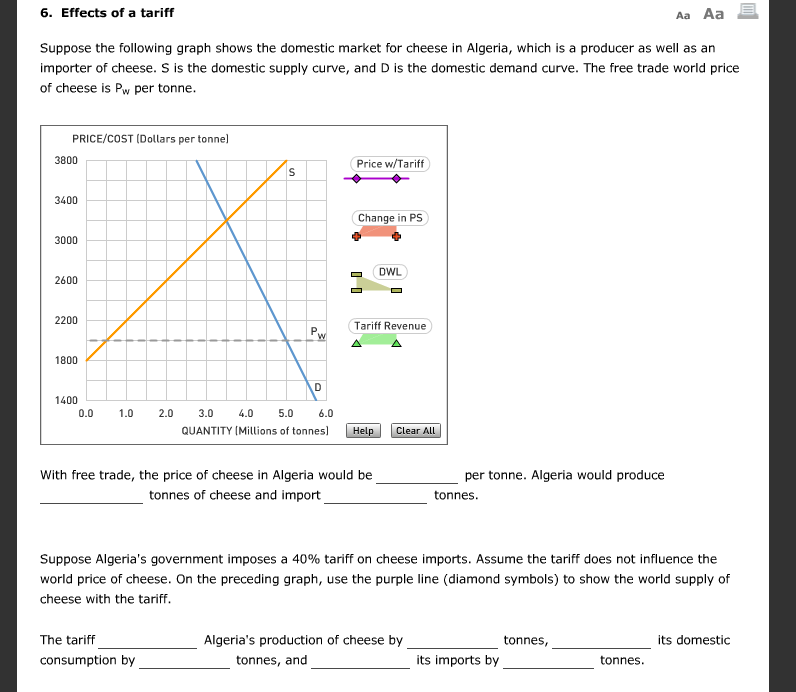 Solved 6. Effects of a tariff Aa Aa Suppose the following | Chegg.com