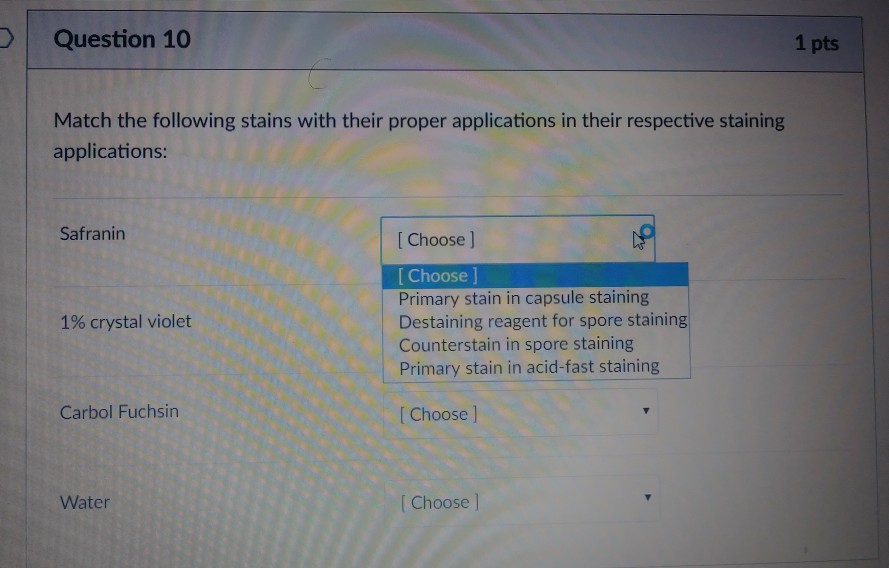 Solved Question 10 1 pts Match the following stains with | Chegg.com