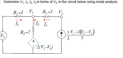 Solved Determine V1, I1, I2, I3 n terms of Vs in the | Chegg.com