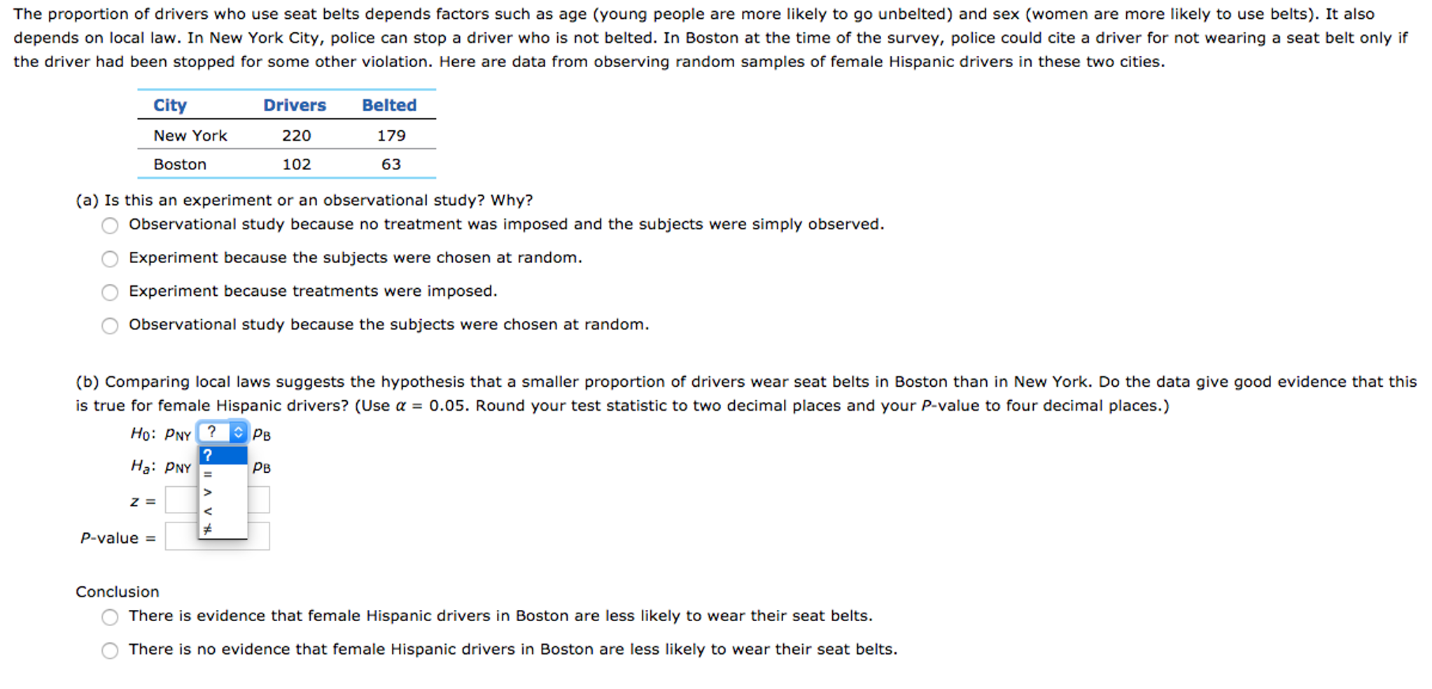 Solved The proportion of drivers who use seat belts depends