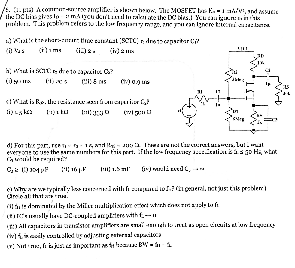 Solved 6. (11 pts) A common-source amplifier is shown below. | Chegg.com
