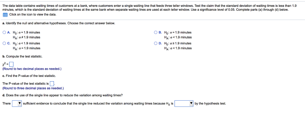 Solved The data table contains waiting times of customers at | Chegg.com