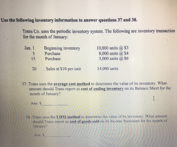 Solved Use The Following Inventory Information To Answer | Chegg.com