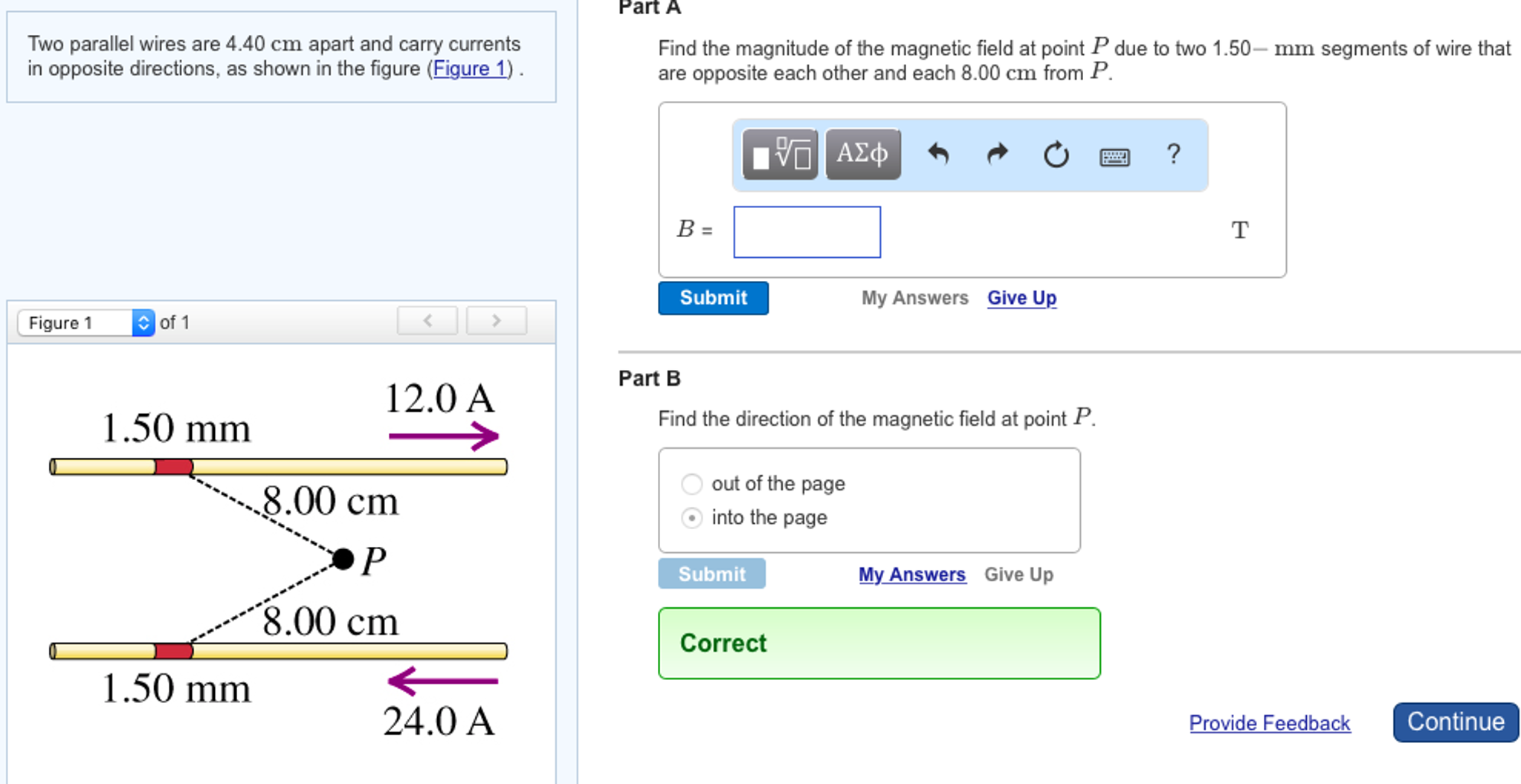 Solved Two parallel wires are 4.40 cm apart and carry