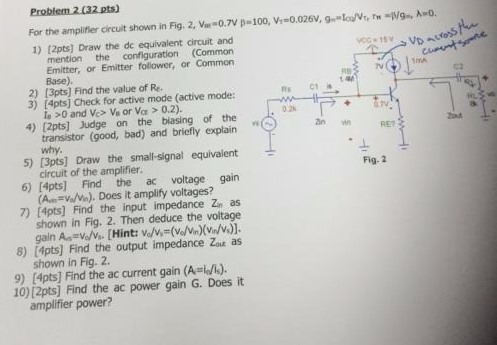 Solved For the amplifier circuit shown in Fig. 2, V_ar = 0.7 | Chegg.com