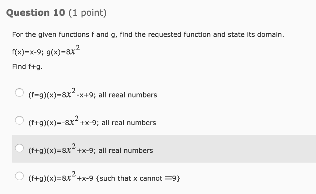 Solved Question 10 (1 point) For the given functions f and