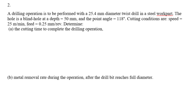 Solved 2. A dring operation is to be performed with a 25.4 | Chegg.com