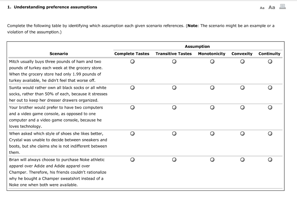 Solved 1. Understanding preference assumptions Aa Aa | Chegg.com