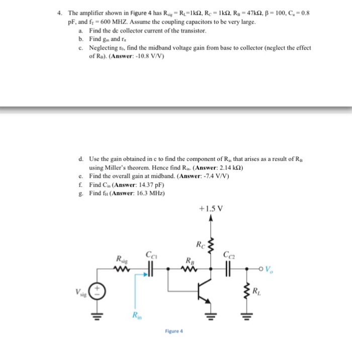 Solved The amplifier shown in Figure 4 has R_sig = R_L = 1k | Chegg.com