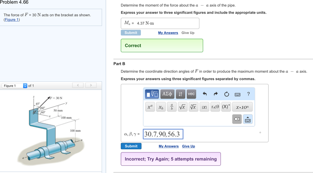 Solved The force of F = 30 N acts on the bracket as shown. | Chegg.com