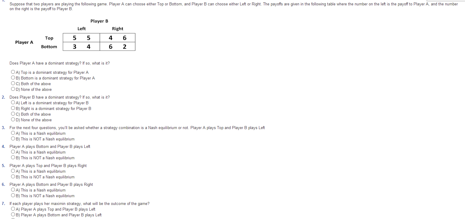Solved C) Player A Plays Top And PLayer B Plays Right D) | Chegg.com