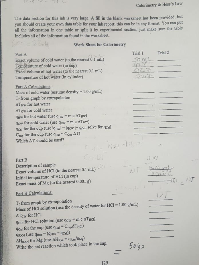 Calorimetry&Hess's Law The data section for this lab