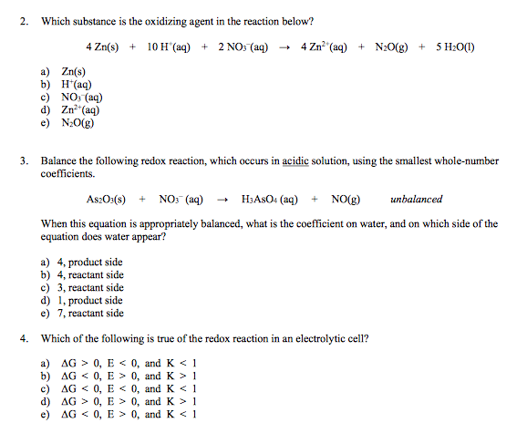 Solved 2. Which substance is the oxidizing agent in the | Chegg.com