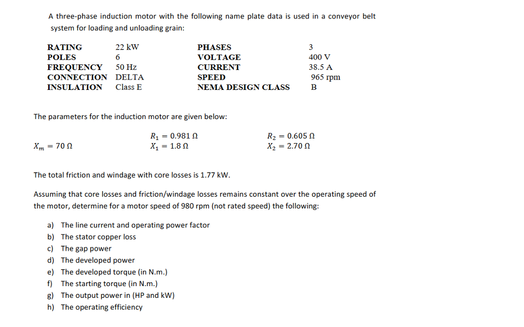 Solved A three-phase induction motor with the following name | Chegg.com