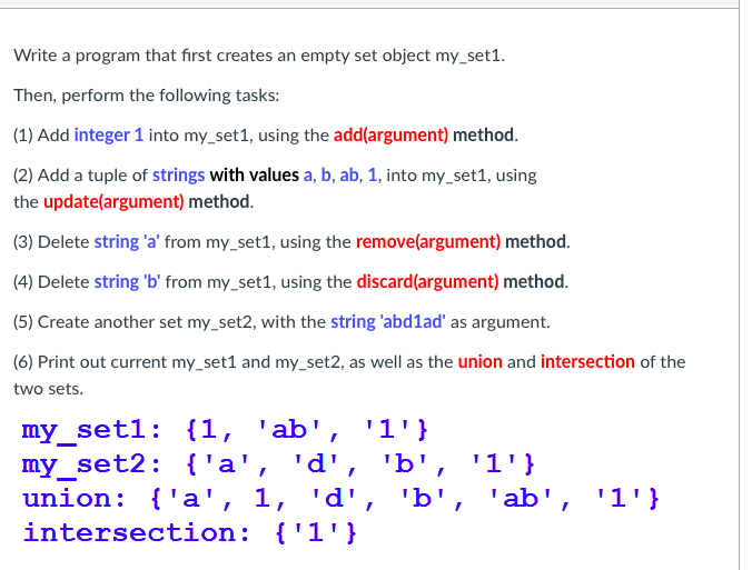 Solved Write a program that first creates an empty set | Chegg.com