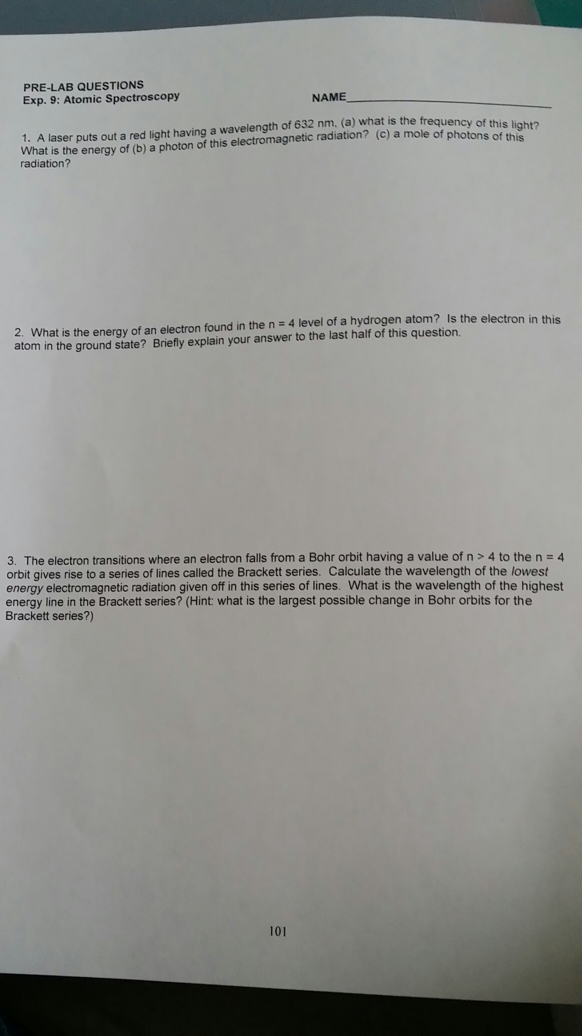 Solved PRELAB QUESTIONS Exp. 9 Atomic Spectroscopy
