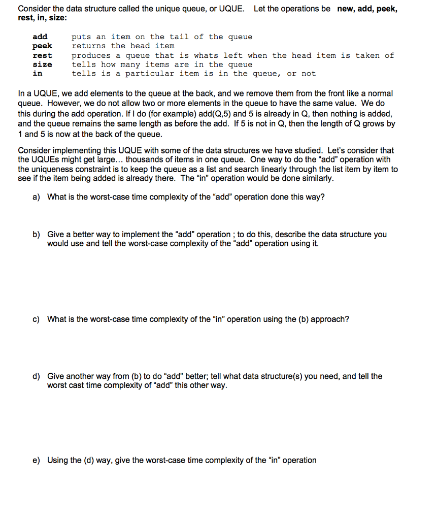 Consider the data structure called the unique queue, | Chegg.com
