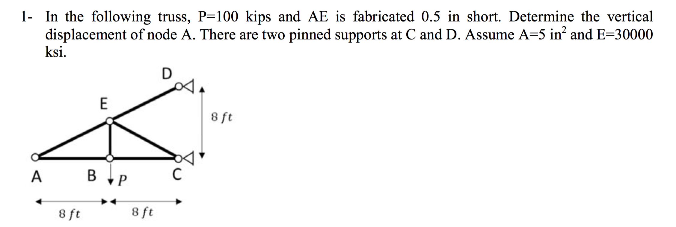 Solved In the following truss, P=100 kips and AE is | Chegg.com