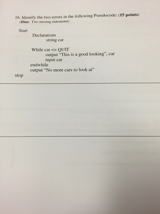 Solved Identify The Two Errors In The Following Pseudocode: | Chegg.com