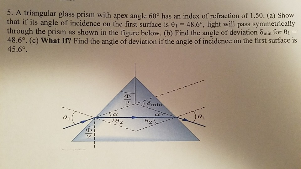 Solved 5. A triangular glass prism with apex angle 60° has