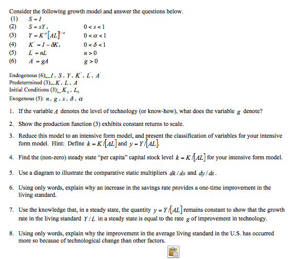 Solved Consider the following growth model and answer the | Chegg.com
