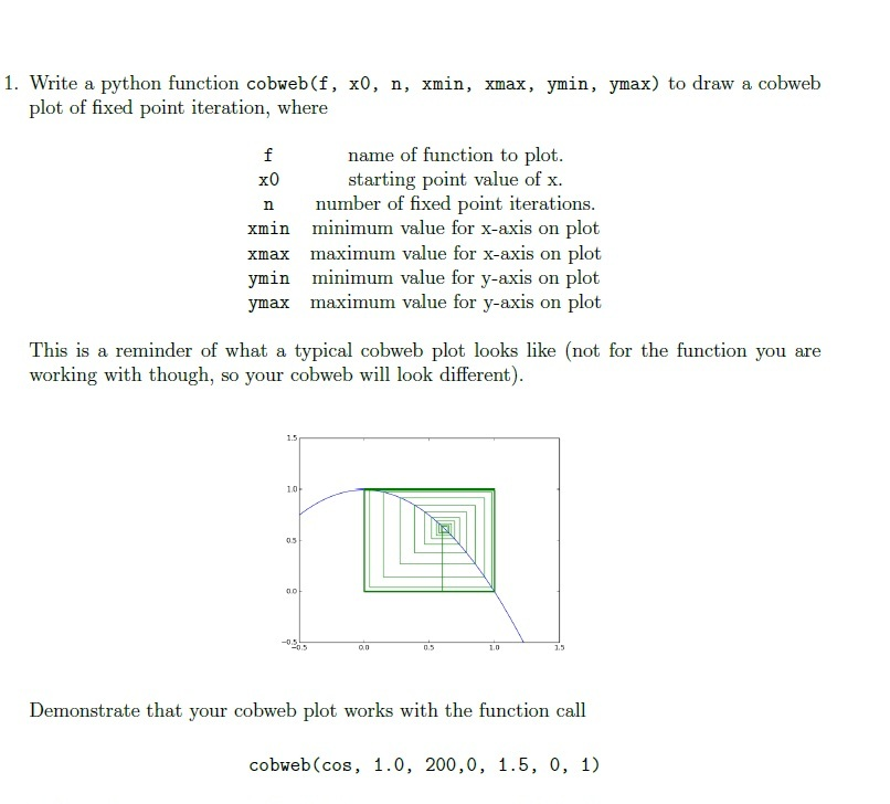 1. Write a python function cobweb(f, xO, n, xmin, | Chegg.com