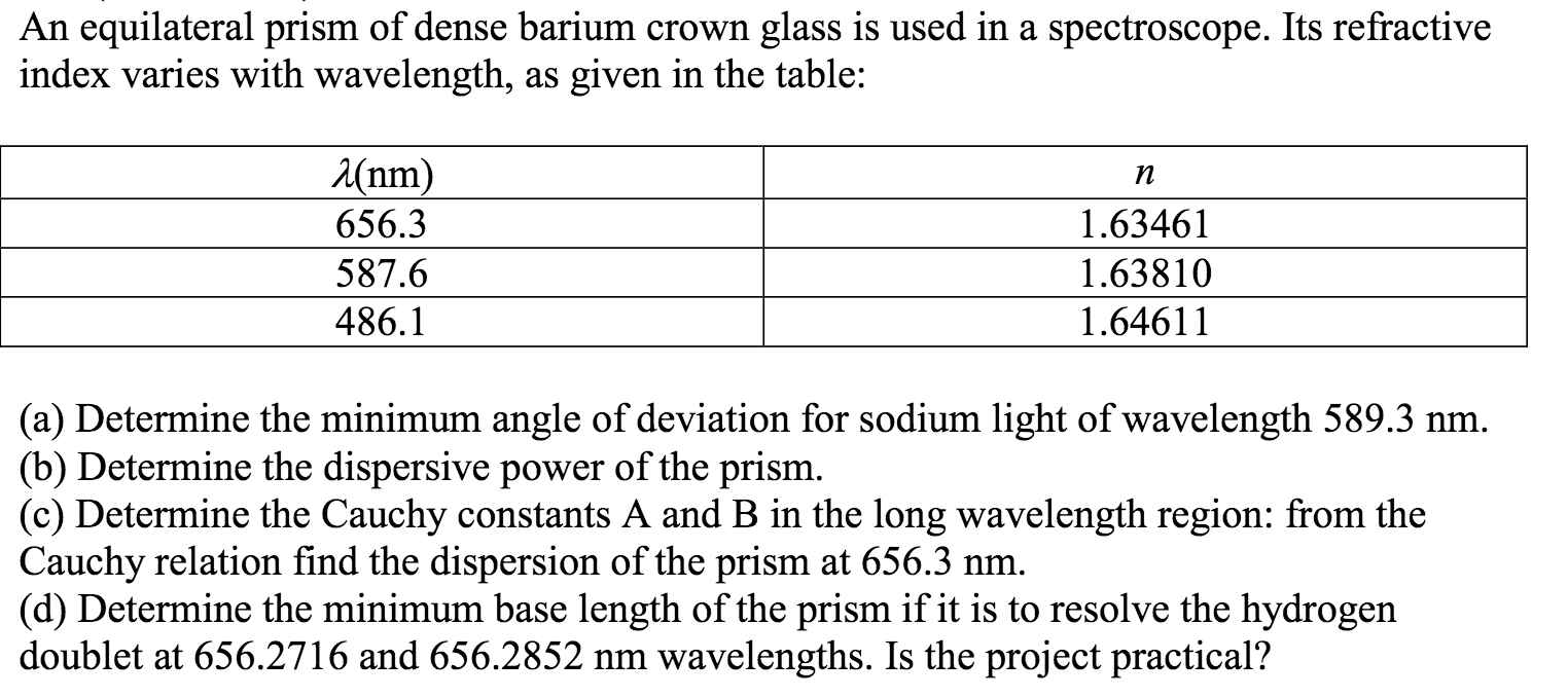 Solved An equilateral prism of dense barium crown glass is