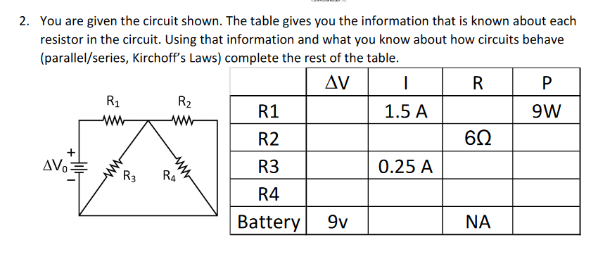 Solved 2. You are given the circuit shown. The table gives | Chegg.com