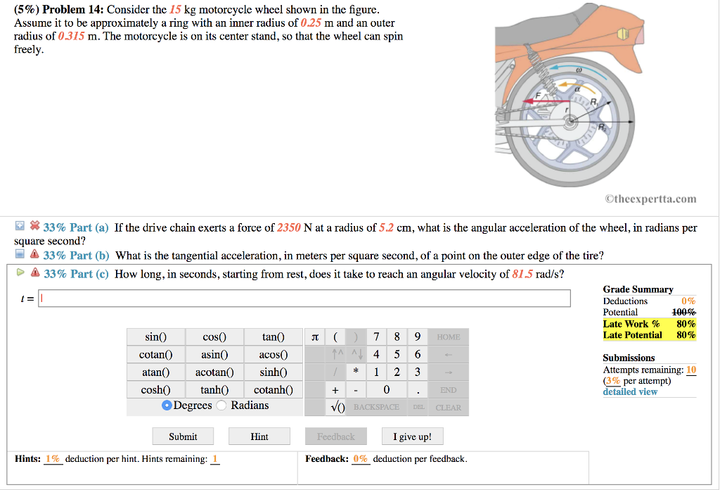 Solved (5 %) Problem 14: Consider The 15 Kg Motorcycle Wheel | Chegg.com